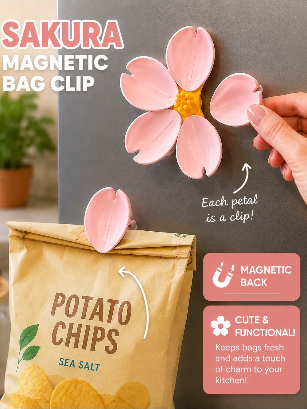 Sakura Cherry Blossom Magnetic Clips | Cute Refrigerator Magnet & Bag Sealer 🌸